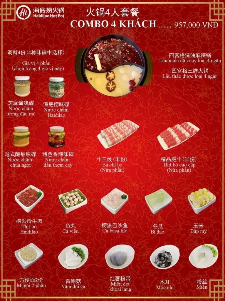 Menu haidilao combo 4 người ăn