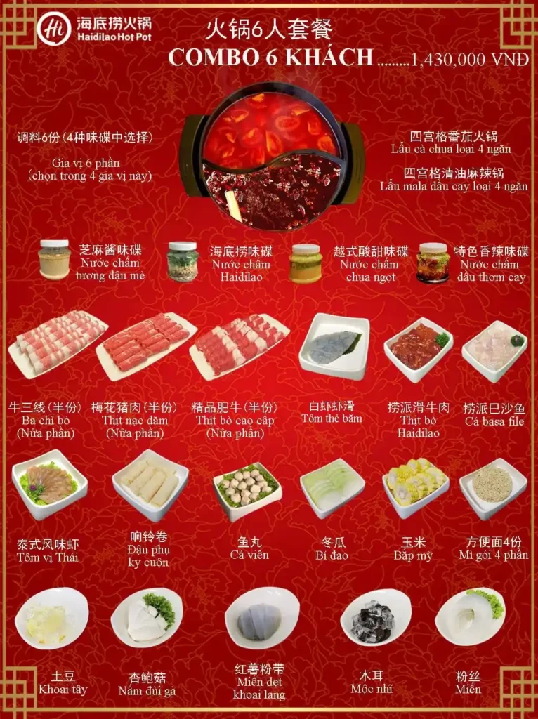 menu haidilao combo 6 người ăn